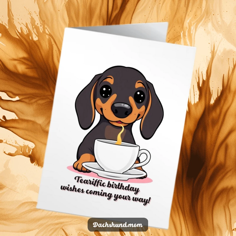 Funny free printable birthday card featuring a dachshund skillfully balancing a teacup on its nose, looking quite proud.