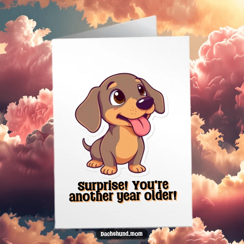 Funny free printable birthday card: a dachshund with its tongue out, eyes wide in hilarious surprise.