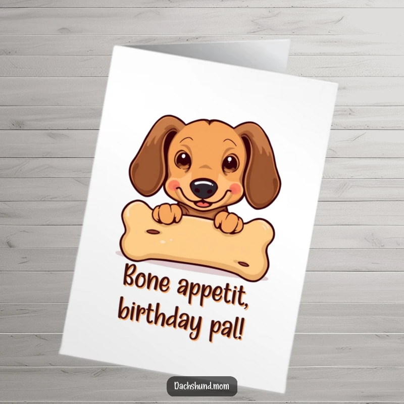 Funny Free Printable Birthday Card: Kawaii Dachshund eagerly peeking over a giant bone, ears flapping with excitement.