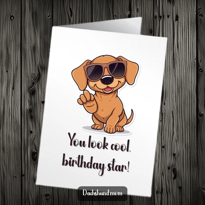 Funny Free Printable Birthday Card featuring a Kawaii Dachshund wearing huge sunglasses and dramatically pointing a paw, looking super suave.