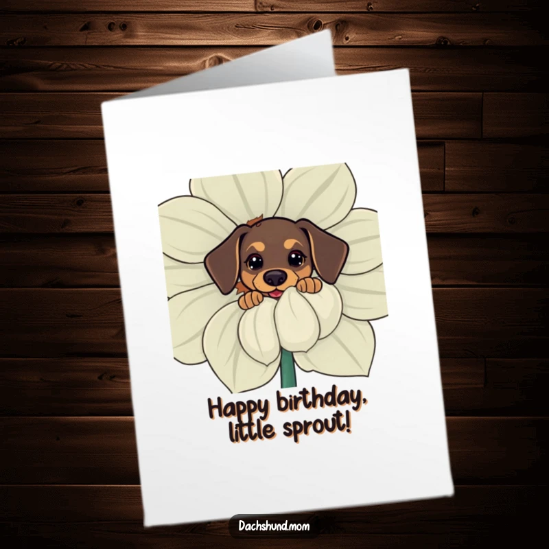 Free Printable Birthday Card: Kawaii dachshund peeking from behind a giant flower, cute surprise, DIY gift.