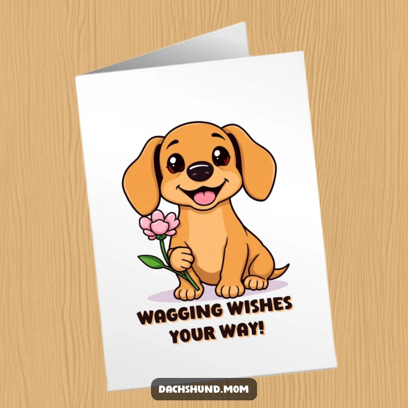 Funny Free Printable Kawaii Dachshund Birthday Card, a cute dog offering a flower with a big, friendly smile, perfect for dog lovers.