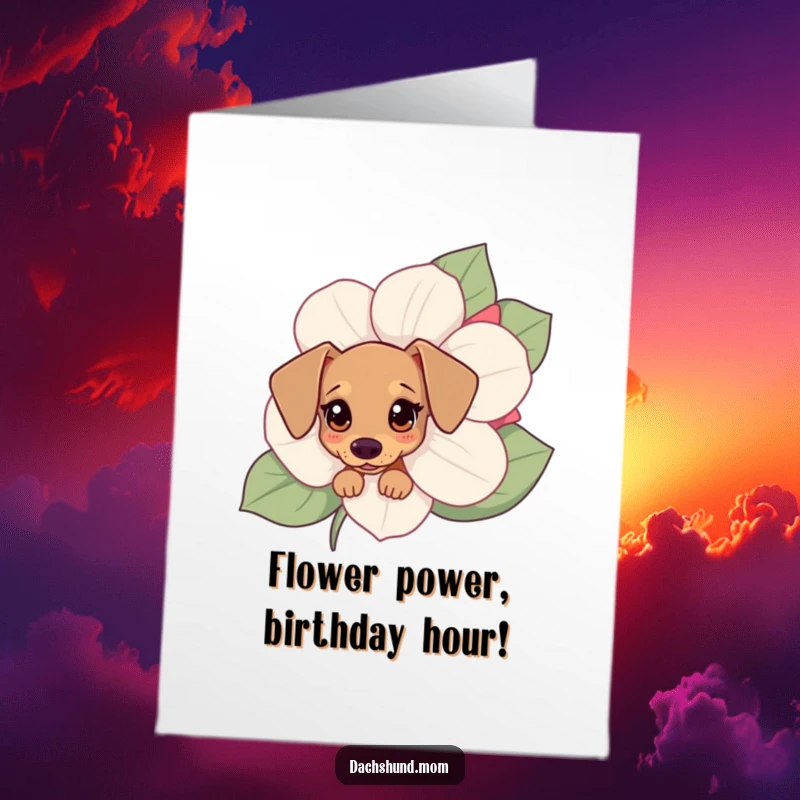Funny Free Printable Birthday Card featuring a cute Kawaii dachshund with curious eyes peeking from behind a cheerful flower.