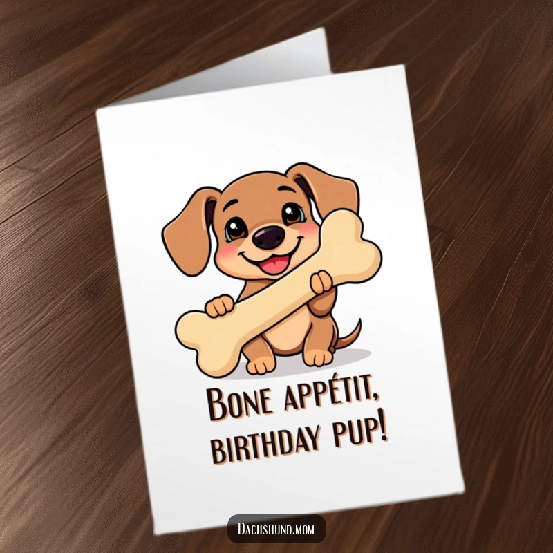 Funny Free Printable Birthday Card: Kawaii dachshund proudly holding a giant, smiling bone, radiating joy.