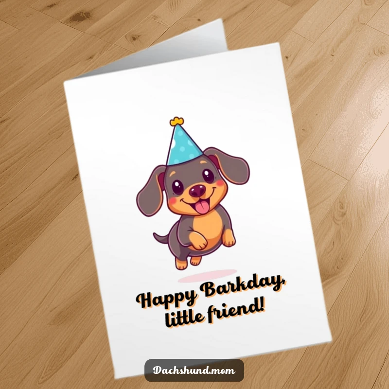 Funny Free Printable Birthday Card: Cute Kawaii dachshund wearing a tiny party hat, joyfully leaping with excitement.