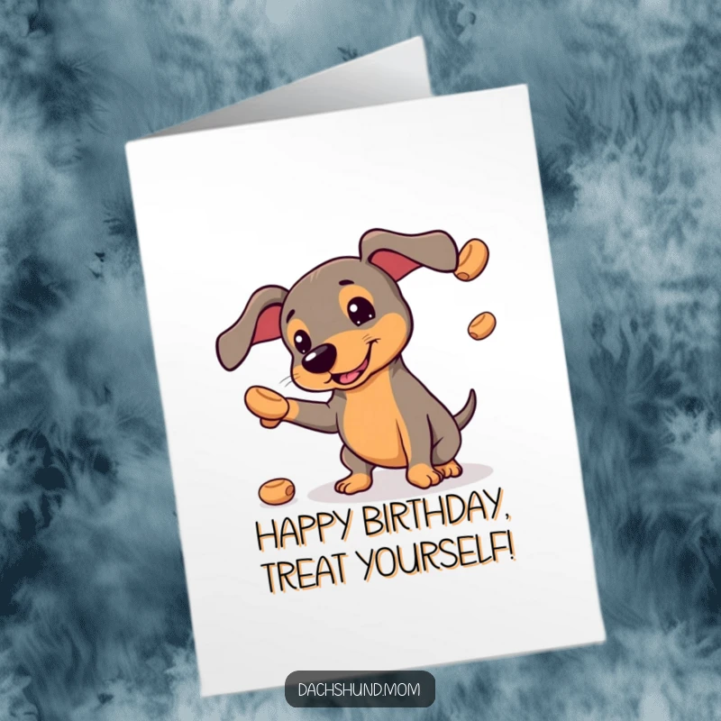 Free Printable Birthday Card: Kawaii dachshund juggling small, round treats, funny birthday wish, DIY gift.