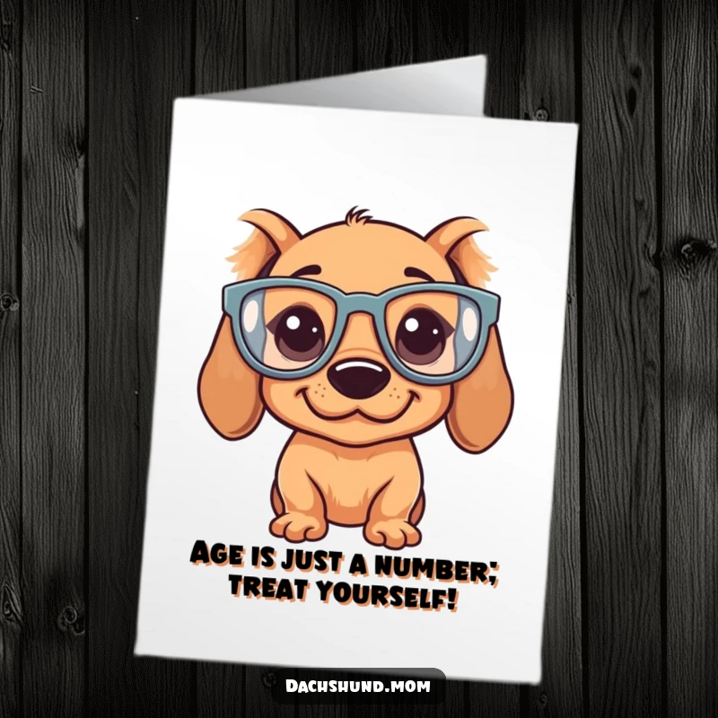 Funny Free Printable Dachshund Birthday Card: Kawaii dog wearing oversized glasses with a silly expression, ready to celebrate.