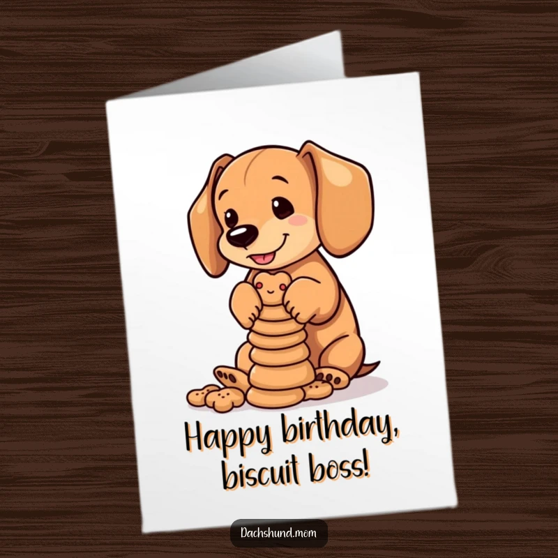 Funny free printable birthday card: A playful dachshund cub precariously balancing a tall stack of tiny dog biscuits.
