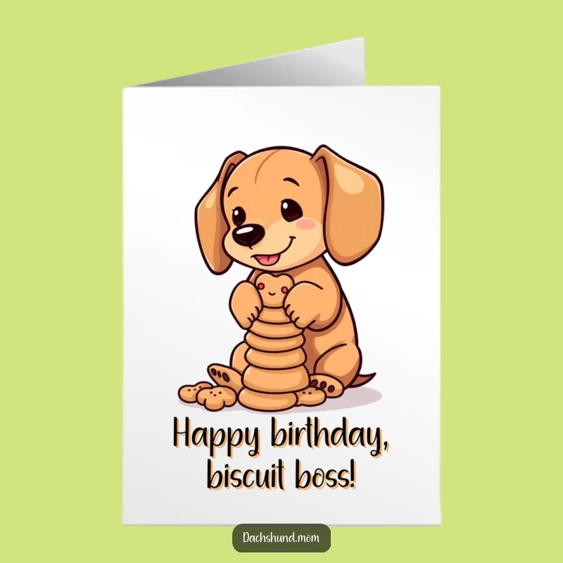 Free Printable Birthday Card: Dachshund Cub, Biscuit Tower, Funny DIY Gift