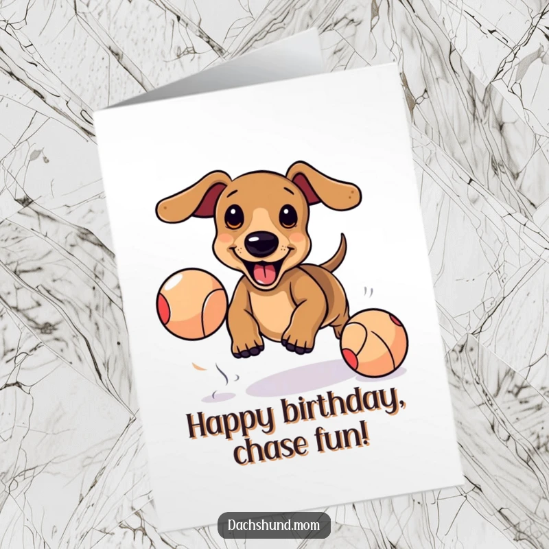 Funny Free Printable Birthday Card: Kawaii Dachshund Chases Ball, Energetic Playful Dog Art