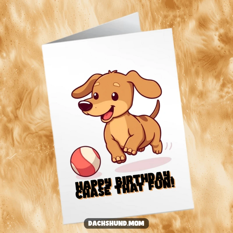 Funny Free Printable Birthday Card: Kawaii dachshund wagging its tail, joyfully chasing a bouncing ball.