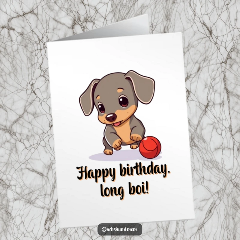 Funny free printable birthday card: A cute dachshund cub joyfully rolling a small red ball.