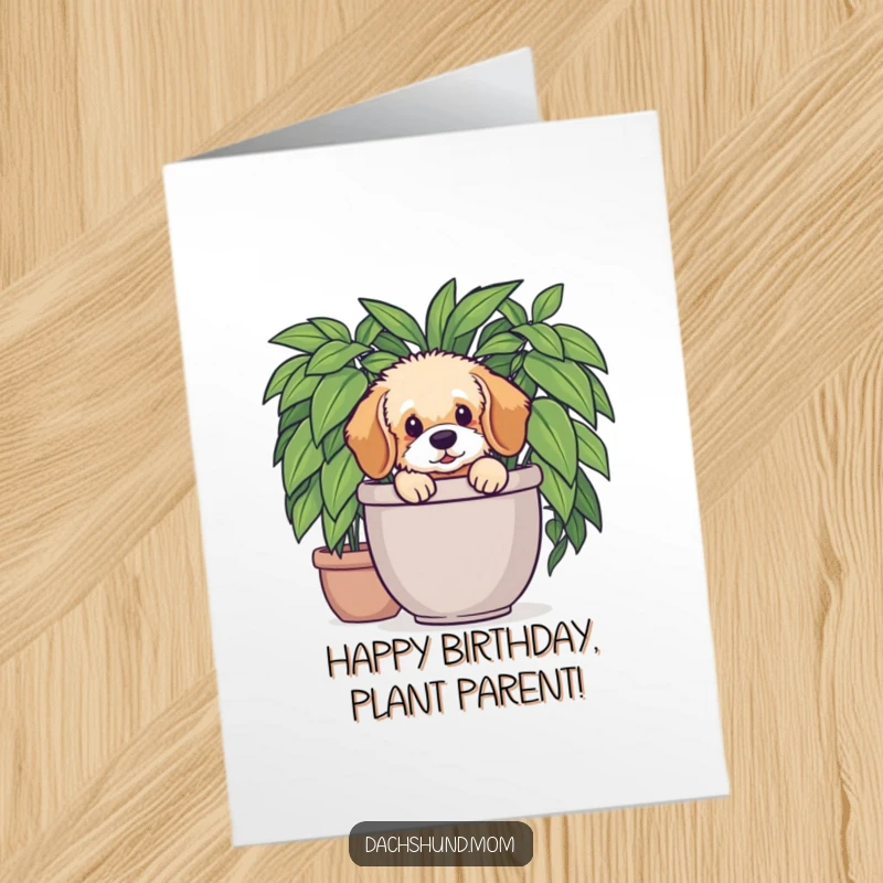 Funny free printable birthday card: A fluffy dachshund pup peeking playfully out of a large green potted plant.