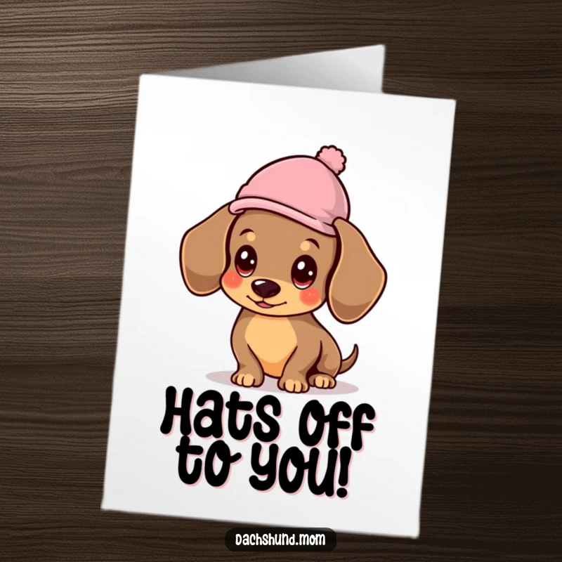 Funny Free Printable Birthday Card: Kawaii dachshund looking dapper while balancing a tiny hat, ready for a party.
