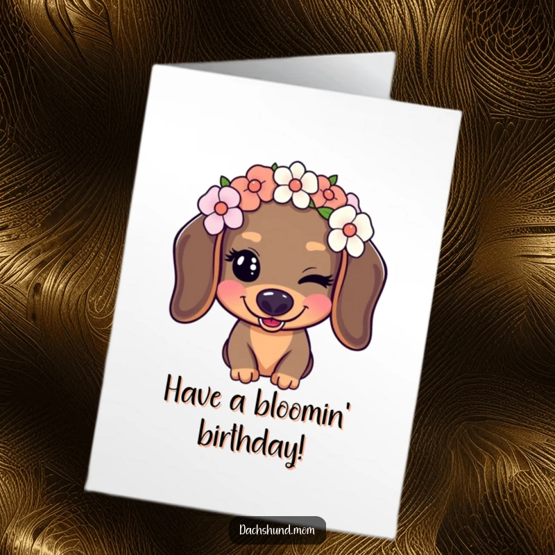 Funny Free Printable Birthday Card: A kawaii dachshund wearing a flower crown gives a charming, playful wink, a delightful DIY gift.