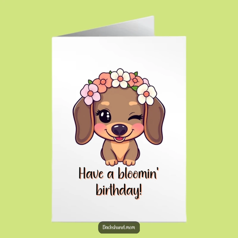 Free Printable Kawaii Dachshund Birthday Card: Flower Crown Wink Funny Downloadable Gift
