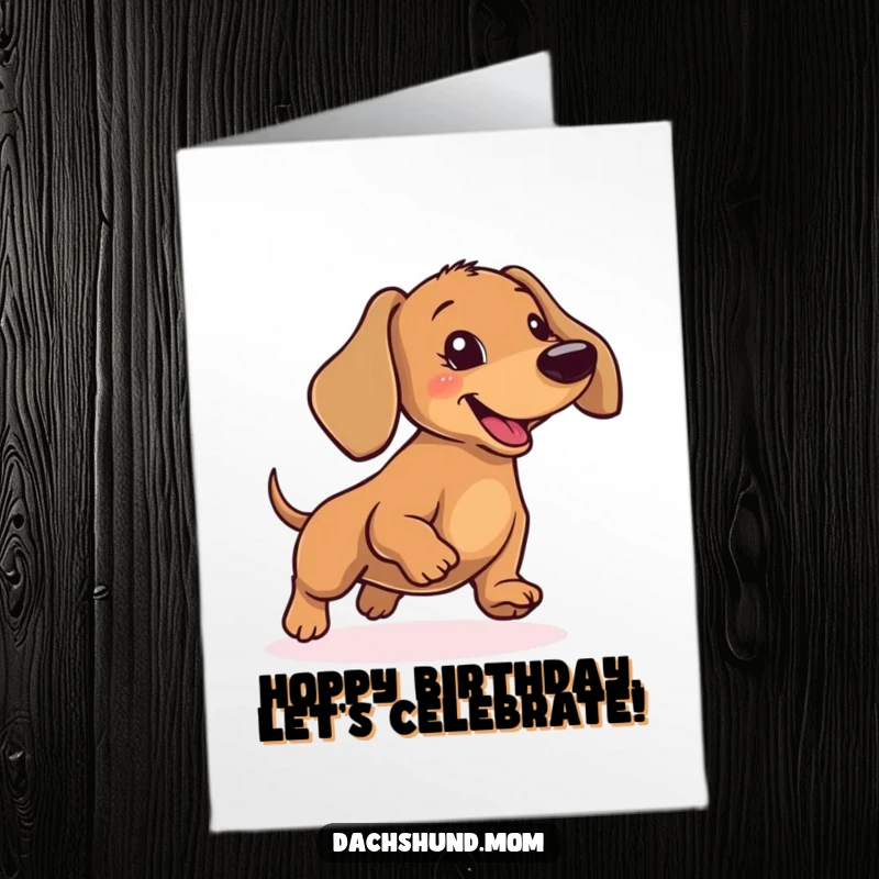 Funny free printable birthday card: a dachshund caught mid-air in a silly, joyous little hop.