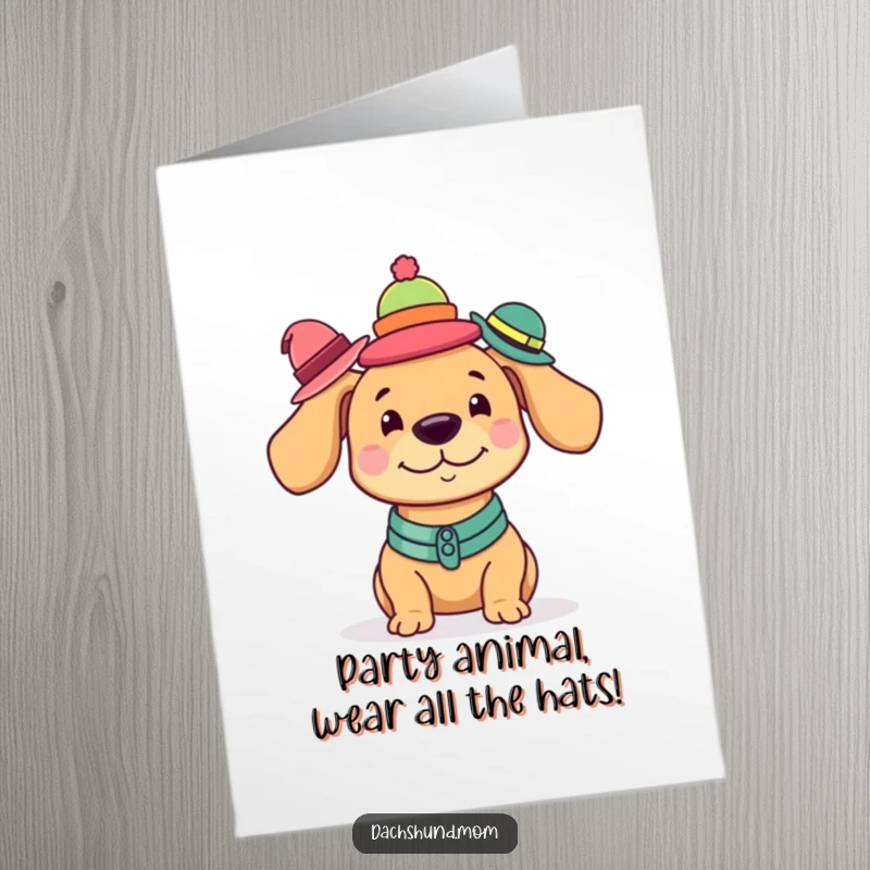 Funny Free Printable Birthday Card: A kawaii dachshund wearing a tall stack of colorful tiny hats with a silly expression.