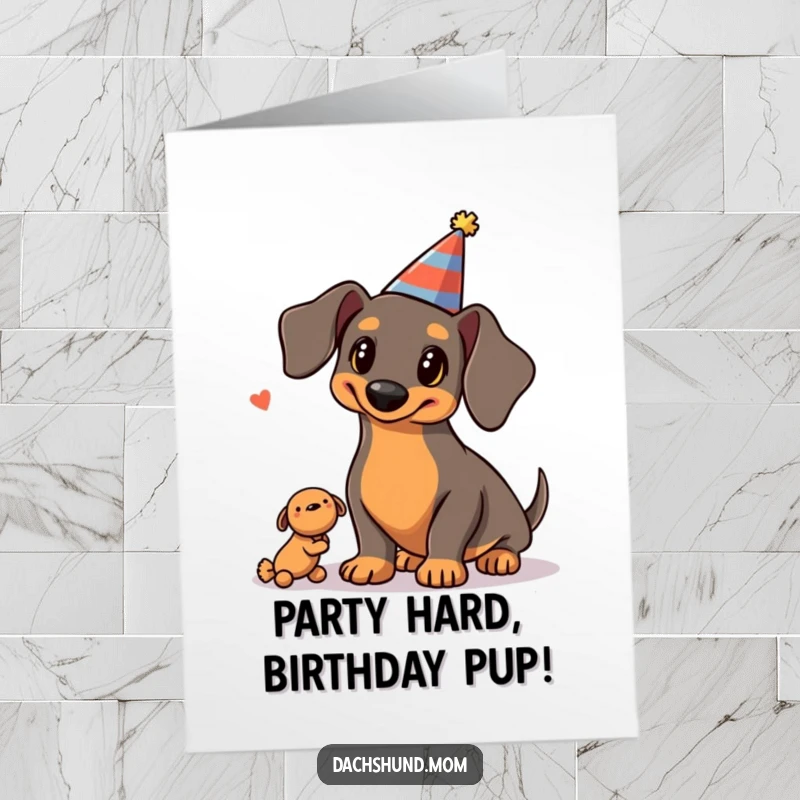 Funny Free Printable Birthday Card: Kawaii Dachshund in a party hat hilariously juggling three squeaky toys with enthusiasm.