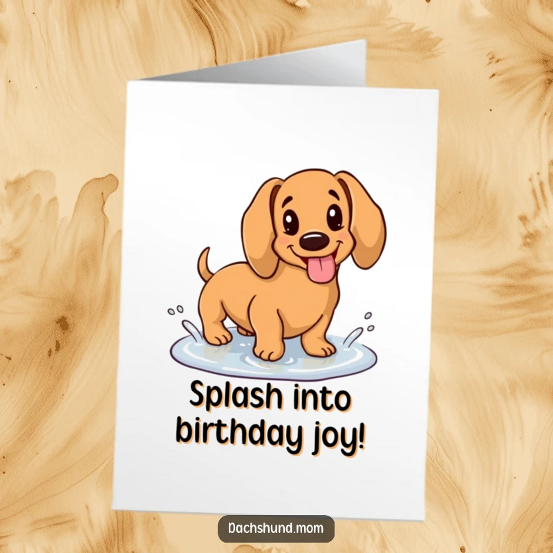 Funny Free Printable Birthday Card: A kawaii dachshund with its tongue out joys splashing in a small puddle.