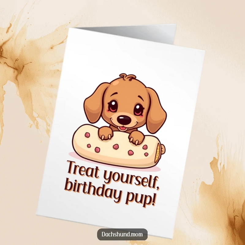 Funny Free Printable Birthday Card: Kawaii dachshund peeking from behind a giant treat, eyes full of anticipation and humor.
