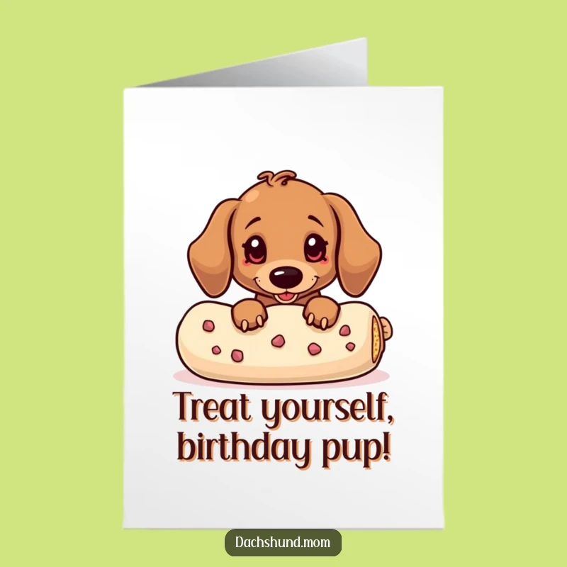 Free Printable Birthday Card: Treat-Loving Kawaii Dachshund, Humorous Downloadable Dog Gift