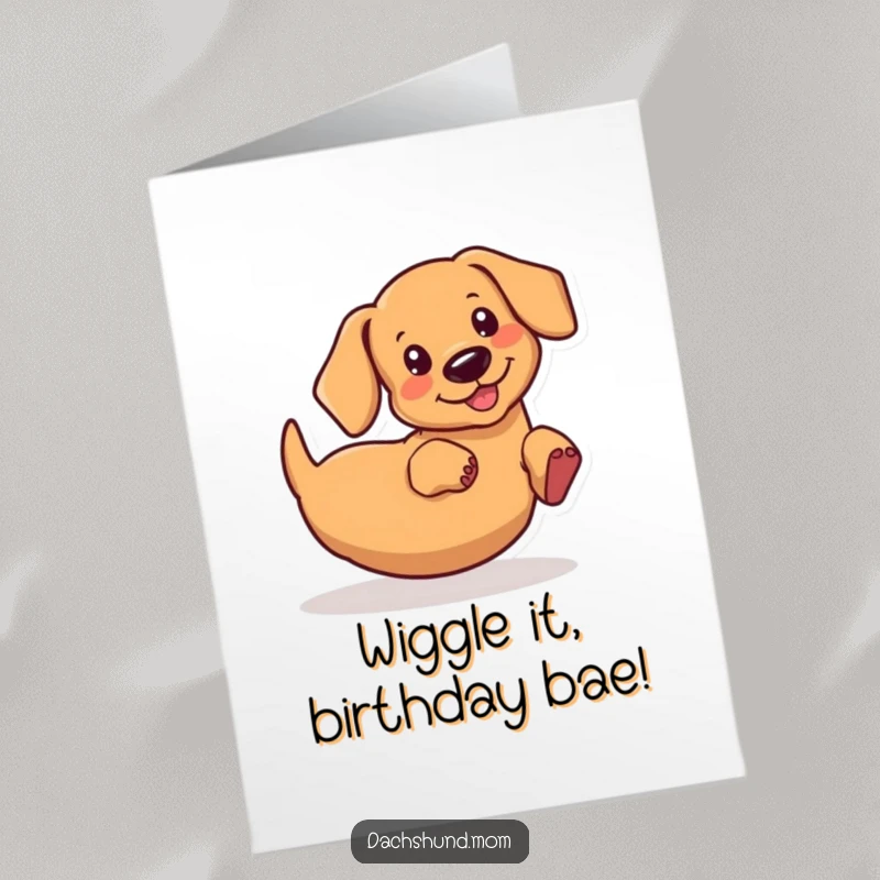Funny Free Printable Birthday Card: Kawaii dachshund wiggling its rear end with pure joy and enthusiasm.
