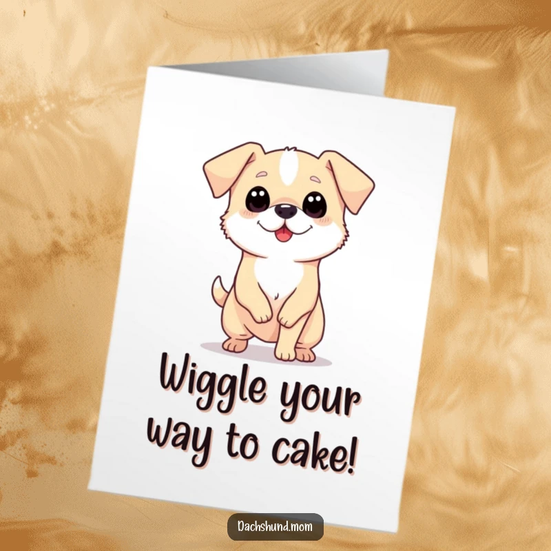Funny Free Printable Long Dog Birthday Card: A tiny, long dog with big eyes wiggling its body enthusiastically, bringing birthday fun.