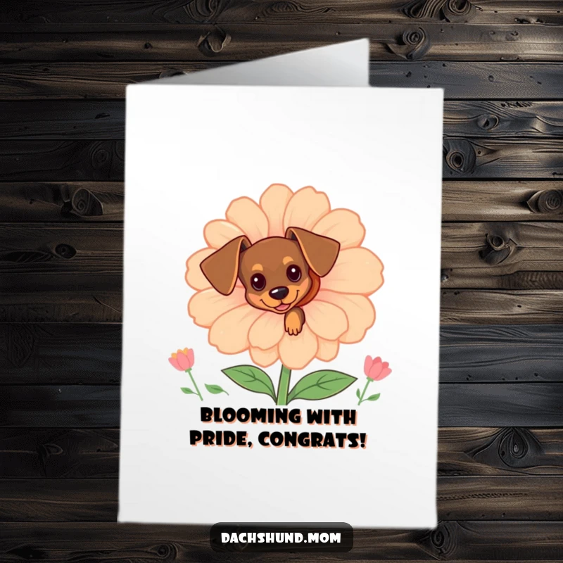 Funny Free Printable Dachshund Congratulations Card: Tiny dachshund peeking from behind a large, cheerful flower.