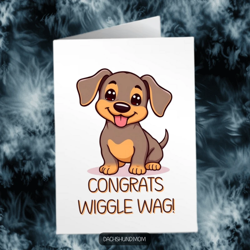 Funny Free Printable Congrats Card: Kawaii Dachshund Wiggles Tail, Cute Dog Celebration Art