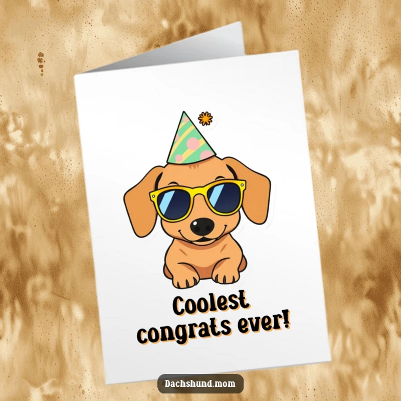 Funny free printable congratulations card showing a cool dachshund wearing sunglasses and a party hat, ready to celebrate.