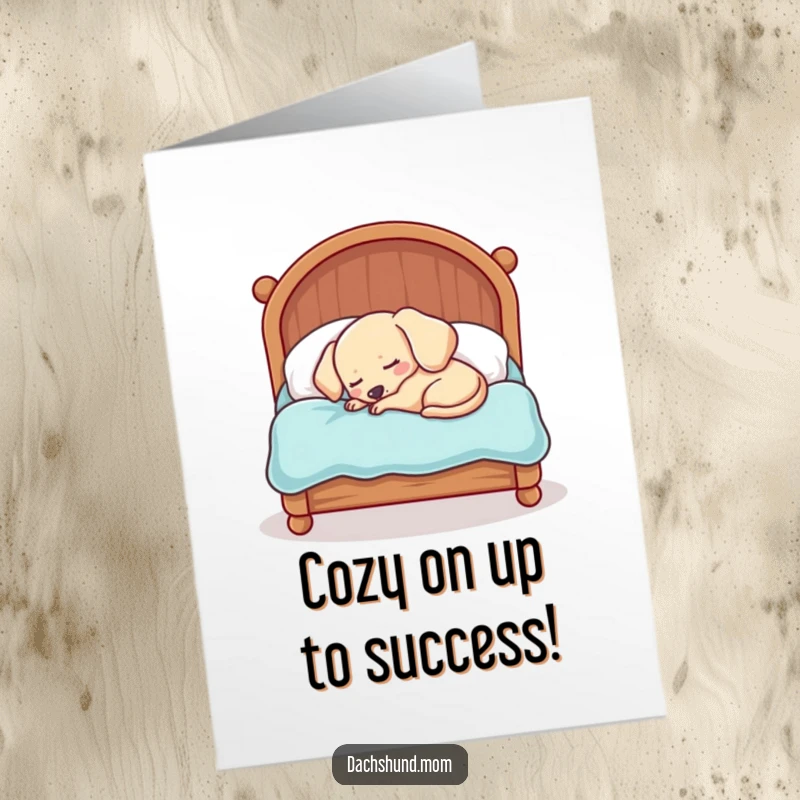 Funny Free Printable Congratulations Card: Sleepy kawaii dachshund in a tiny bed, humorous and cozy celebration.