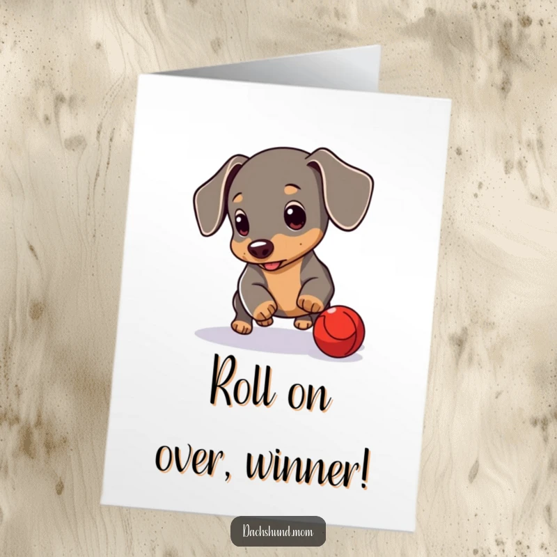 Funny free printable congratulations card: An energetic dachshund cub happily playing with a tiny red ball.