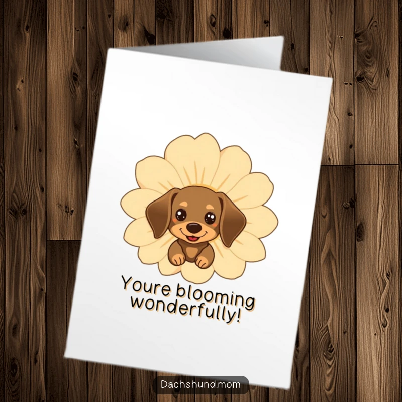 Funny Free Printable Congrats Card: A kawaii dachshund peeking from behind a giant, happy flower, celebrating achievements.
