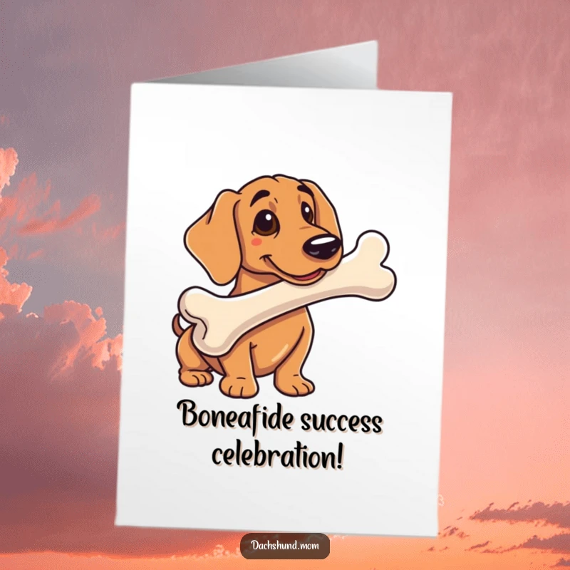 Funny free printable congratulations card showing a dachshund with an absurdly large bone, signifying a great success.