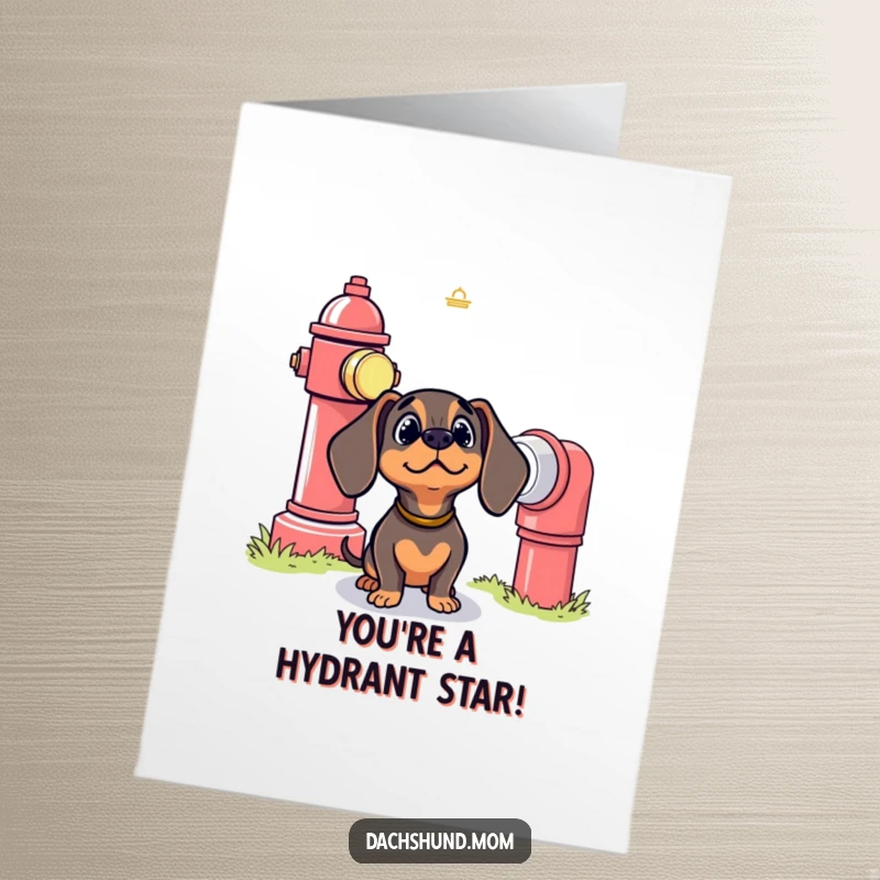Funny Free Printable Congratulations Card: Bewildered kawaii dachshund looking at a giant fire hydrant, humorous celebration art.