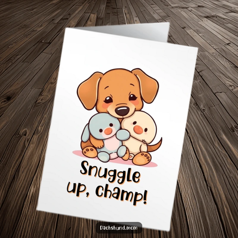 Funny Free Printable Congrats Card: A kawaii dachshund shares a tender snuggled moment with a tiny plush toy.