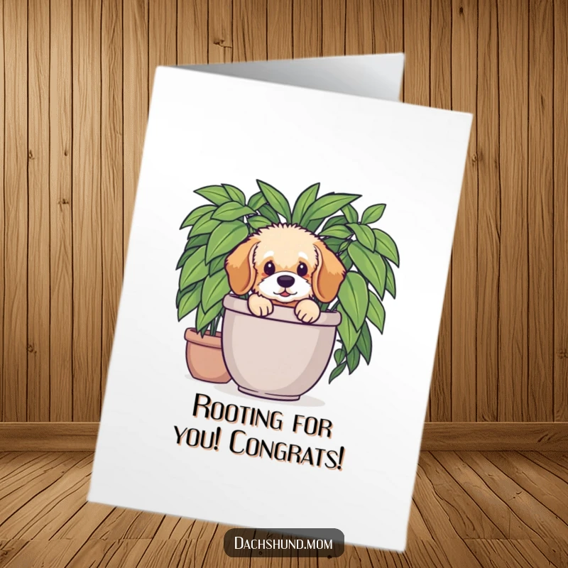 Funny free printable congratulations card: A fluffy dachshund pup peeking curiously from behind a lush potted plant.