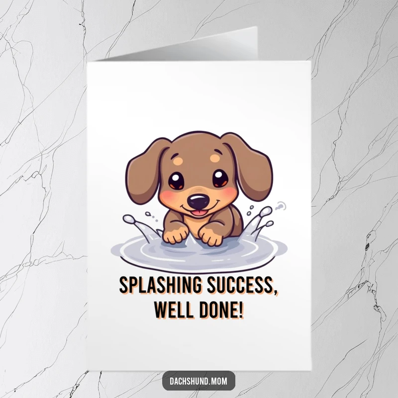 Funny Free Printable Congratulations Card featuring a kawaii dachshund gleefully splashing in a tiny puddle, perfect for a print-at-home surprise.