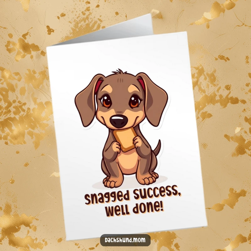 Funny Free Printable Congratulations Card: Kawaii dachshund low to the ground, eyes fixed on a tempting treat.
