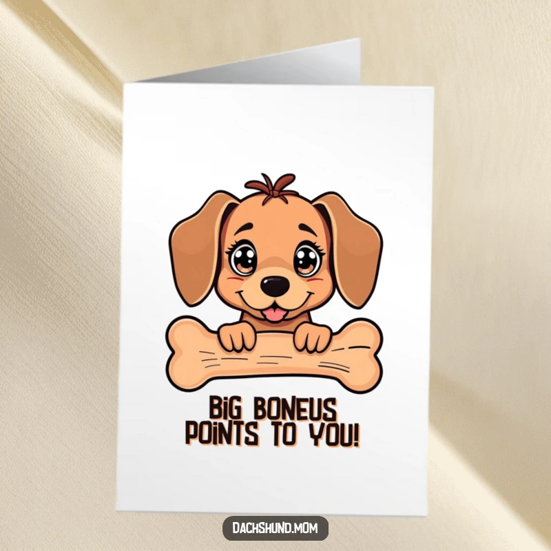 Funny Free Printable Congratulations Card: A kawaii dachshund with huge sparkling eyes peeks out from behind a giant bone.