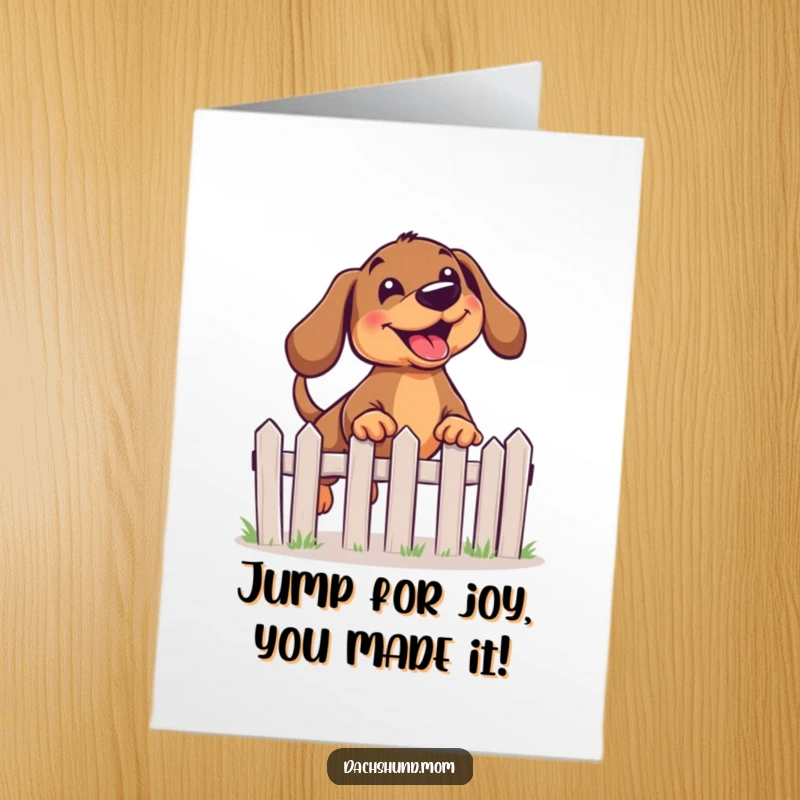 Funny Free Printable Congratulations Card: A kawaii dachshund with a gleeful expression soars over a miniature fence.