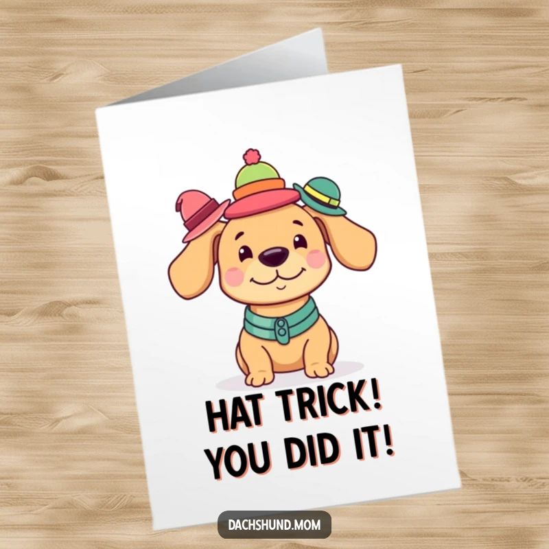 Funny Free Printable Congratulations Card: A kawaii dachshund comically balances a precarious stack of tiny hats on its head.