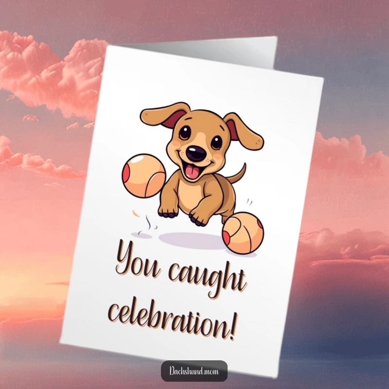 Funny Free Printable Congrats Card: Kawaii Dachshund Chases Ball, Playful Dog Celebration Art