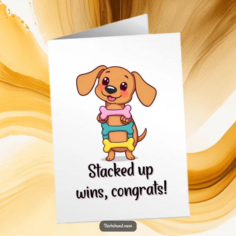 Funny Free Printable Congrats Card: Kawaii dachshund displaying impressive balance while stacking colorful bones precariously.
