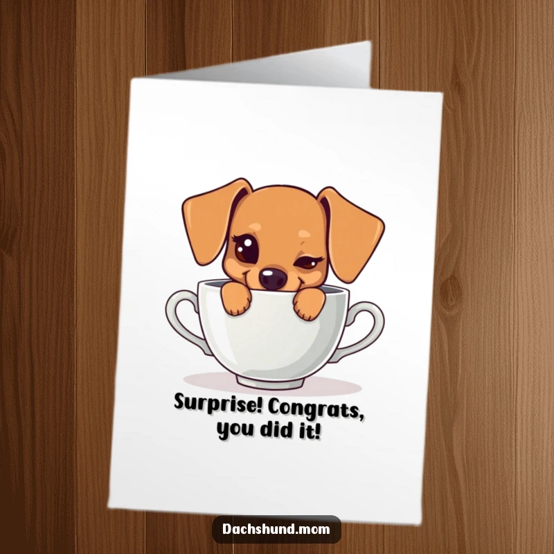 Funny Free Printable Congratulations Card: A kawaii dachshund winks mischievously from behind a large teacup.