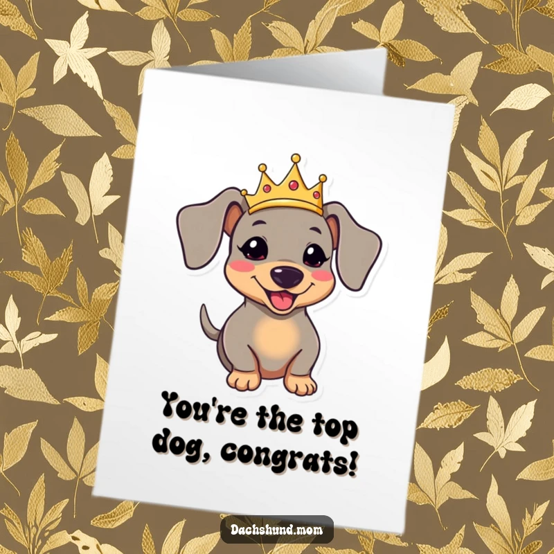 Funny Free Printable Congratulations Card: Kawaii dachshund wearing a small crown, happily wagging its tail in celebration.
