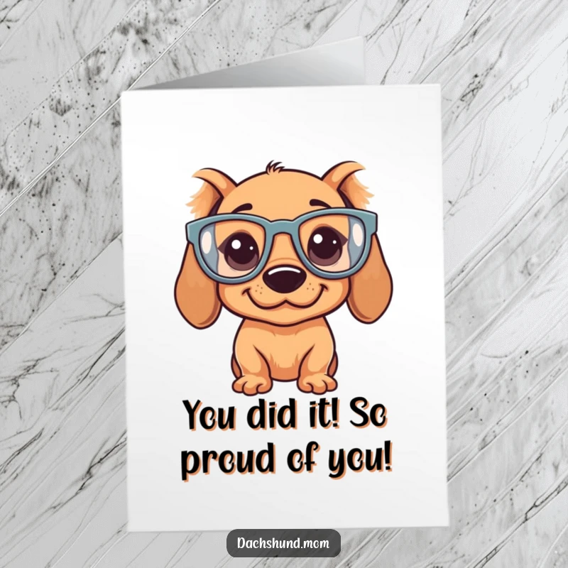 Funny Free Printable Dachshund Congrats Card: Kawaii dog with oversized glasses, looking smart and ready to cheer.