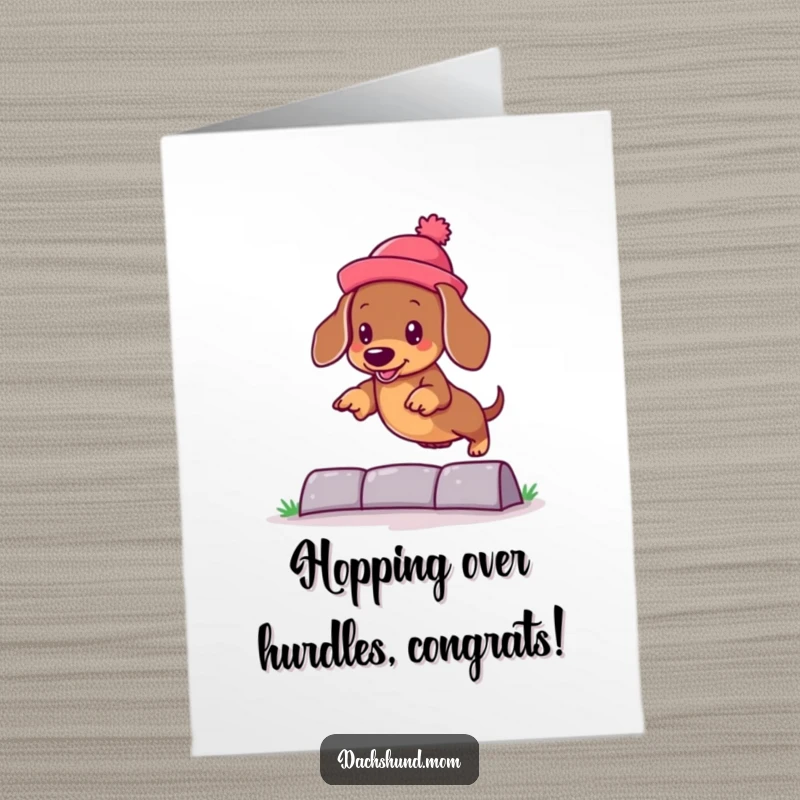 Funny Free Printable Dachshund Congratulations Card: Kawaii dachshund in a silly hat jumping with excitement.