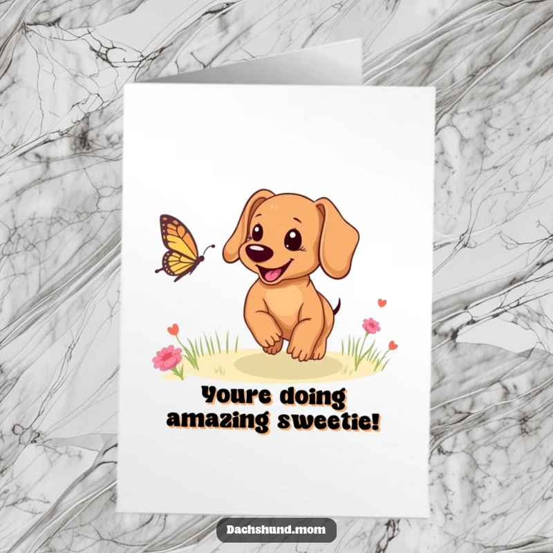 Funny free printable congratulations card: A happy Dachshund cub joyfully chases a butterfly, celebrating success.